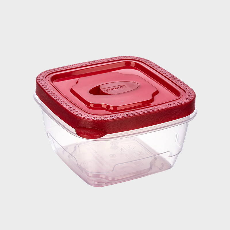 PFB053 640 ml fyrkantig PP-matkonserveringsbehållare med ventilerat rött övergjutet lock